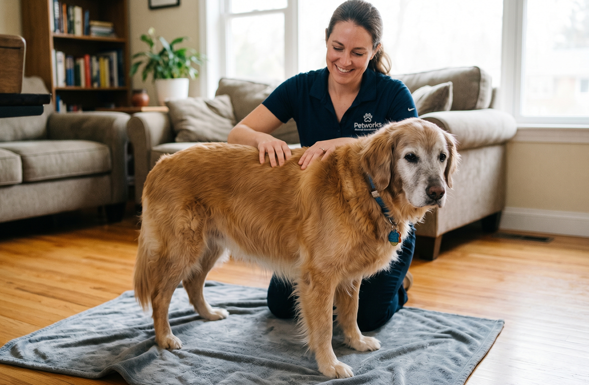 Senior dog mobility audit: a golden retriever receiving a gentle spinal checkup