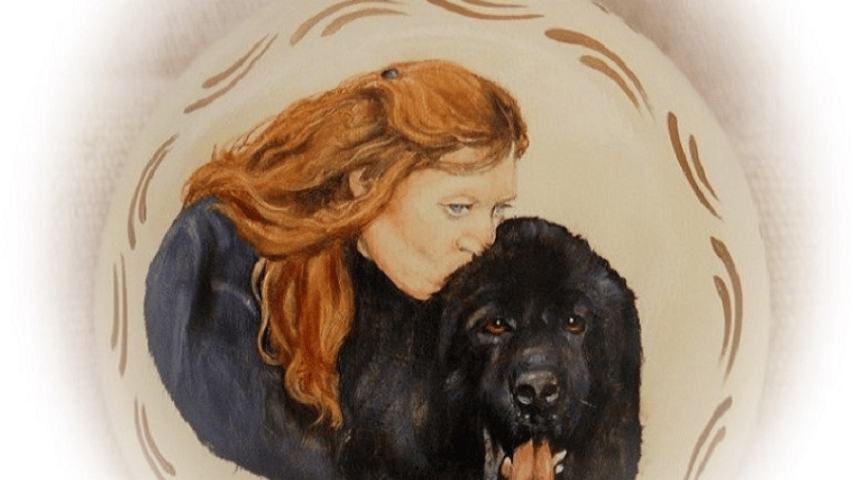 Owner w. dog, memorial portrait painting on glass or shatterproof ornaments