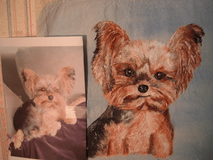 "Kona" on a canvas tote (actual pic beside her)