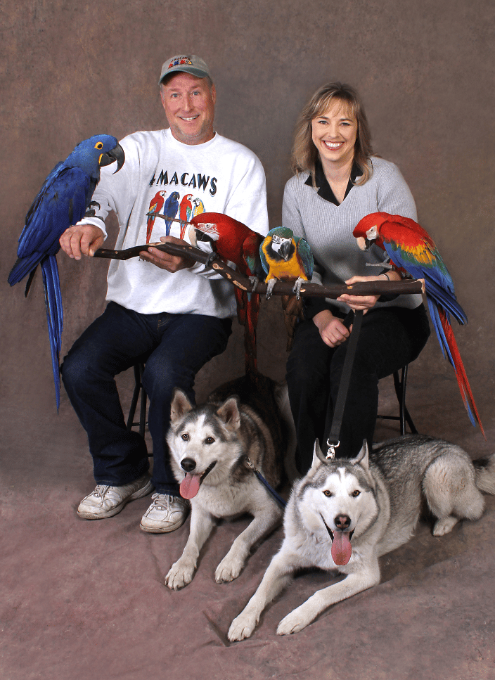 A portrait of a couple with their birds and dogs