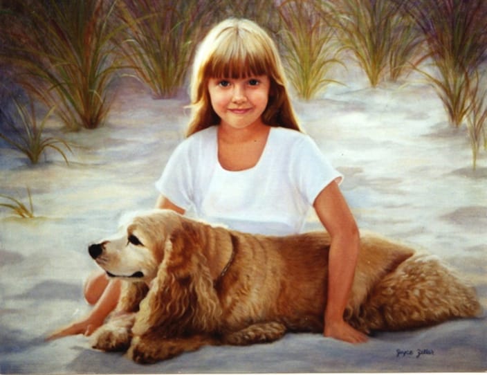 golden retriever and girl oil painting