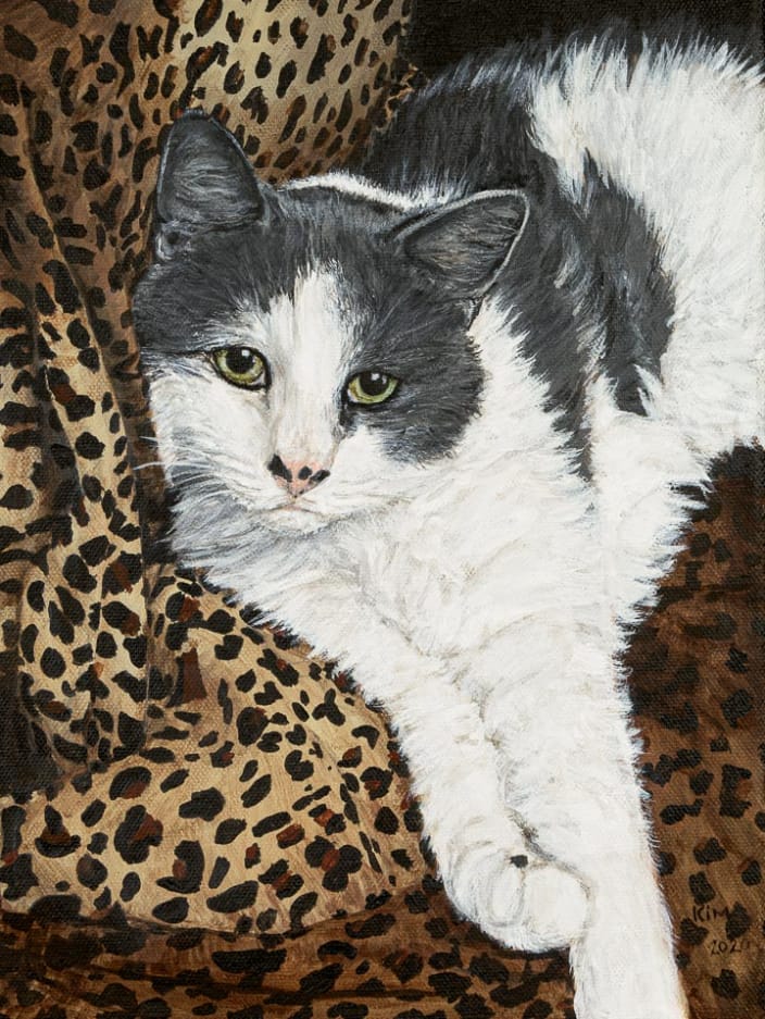 Acrylic painting of a gray & white cat