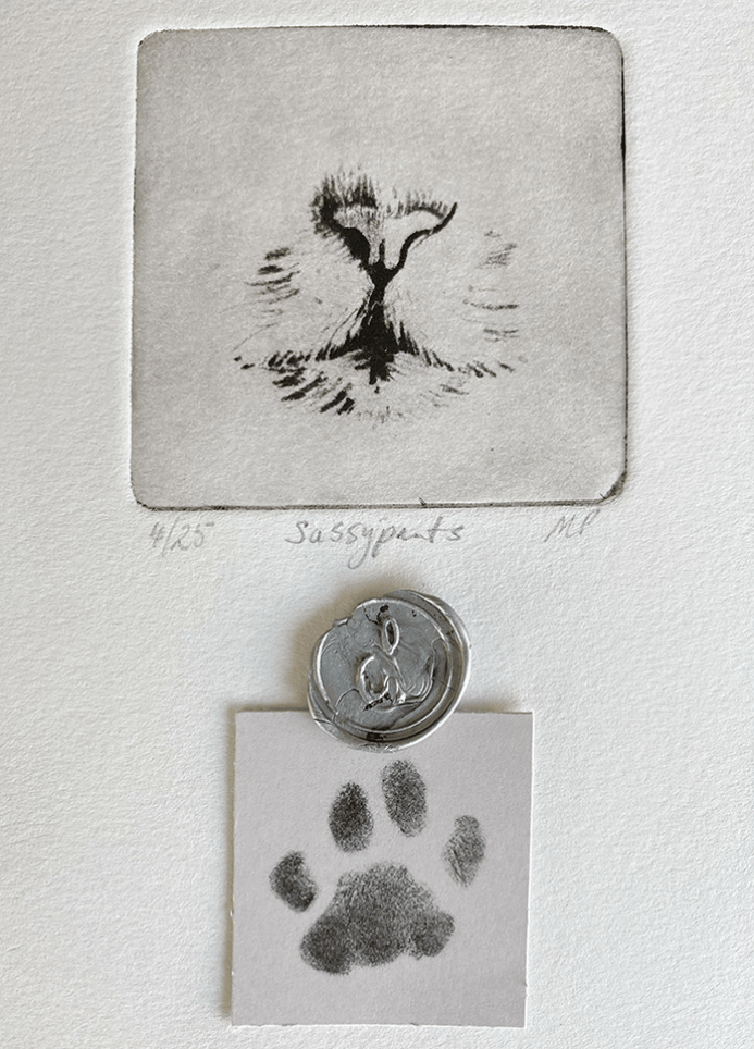 Small cat portrait with paw print and wax seal