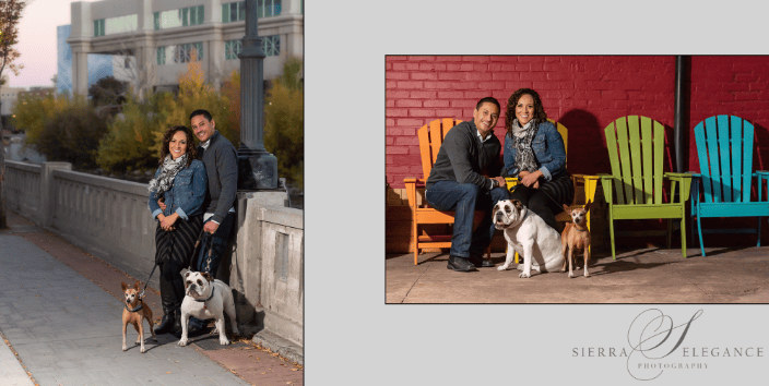Couple in urban setting with dogs