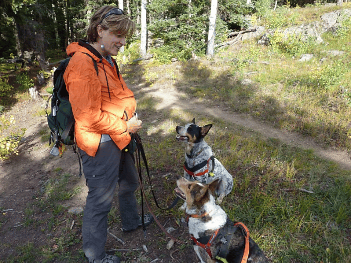 Capturing attention before we head off on a hike- me, Clementine, and foster dog Bekoff