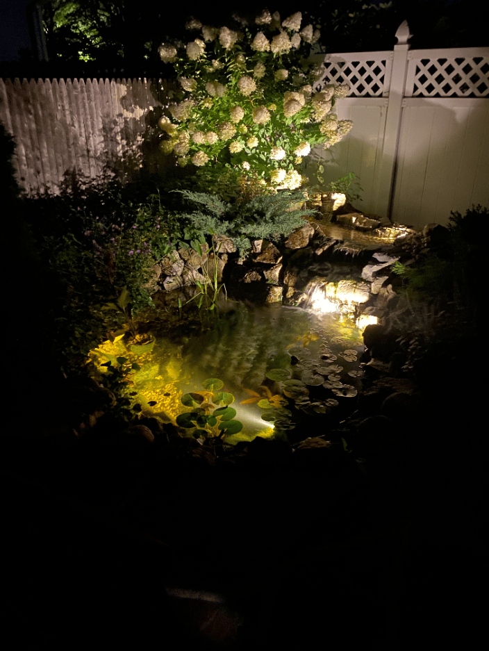 Lighting on pond and waterfall