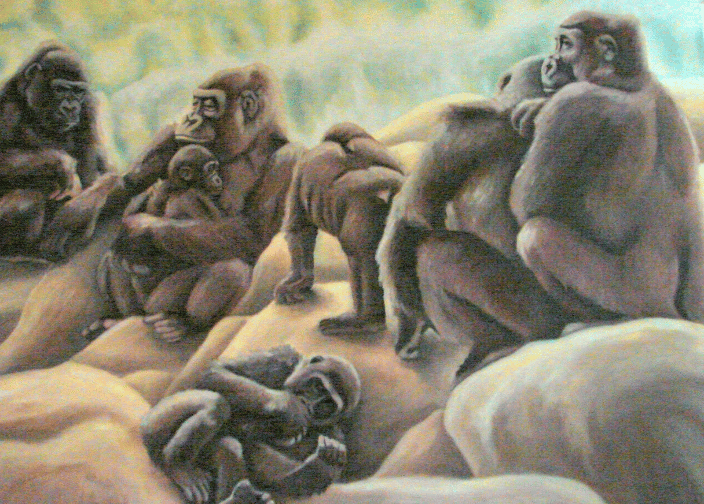 This is a large (3 x 5 foot) oil painting I did using a series of photos I took of one of the gorilla groups at Zoo Atlanta where I was, at the time, a gorilla keeper.