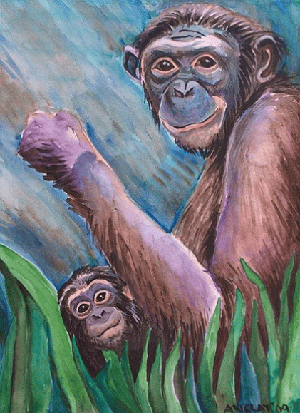 This is a watercolor of Ana Neema, a bonobo I took care of when she was an infant, now all grown up and living in Columbus Ohio where she has her own babies.