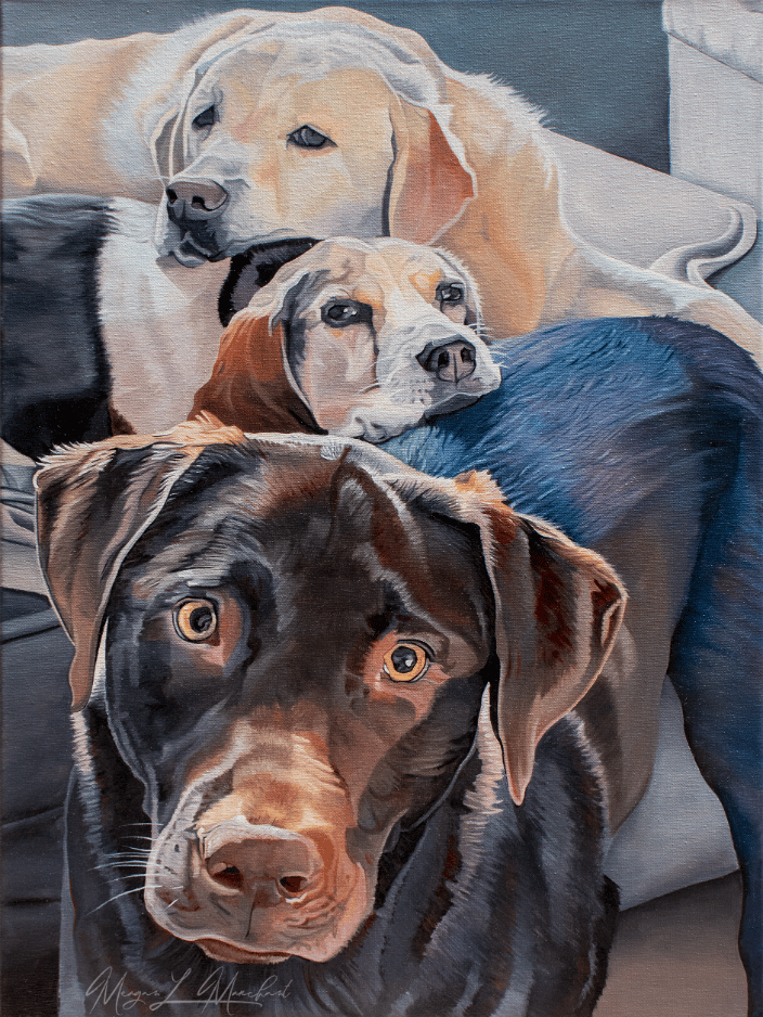 Dog painting of two Labradors and one Beagle.