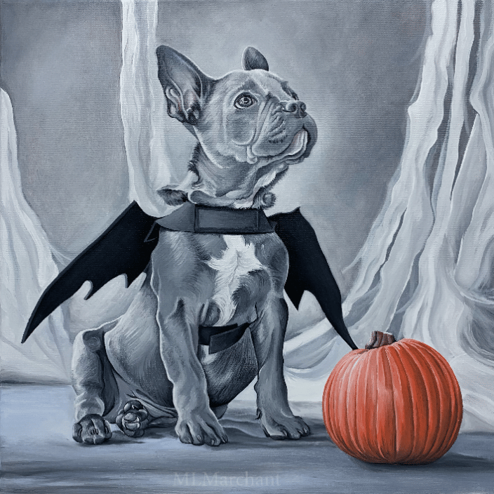Dog painting of a French Bulldog in costume.