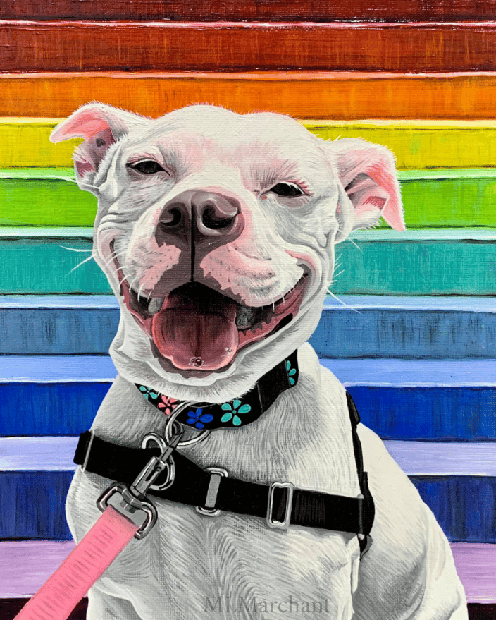 Custom oil painting of a white Pit Bull
