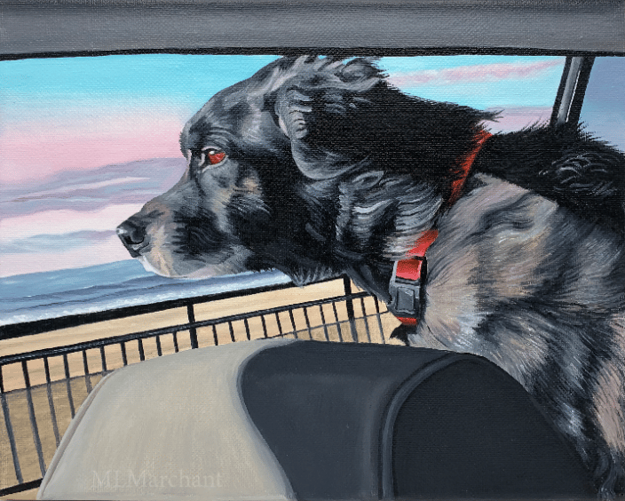 Custom oil painting of a dog riding in the car.