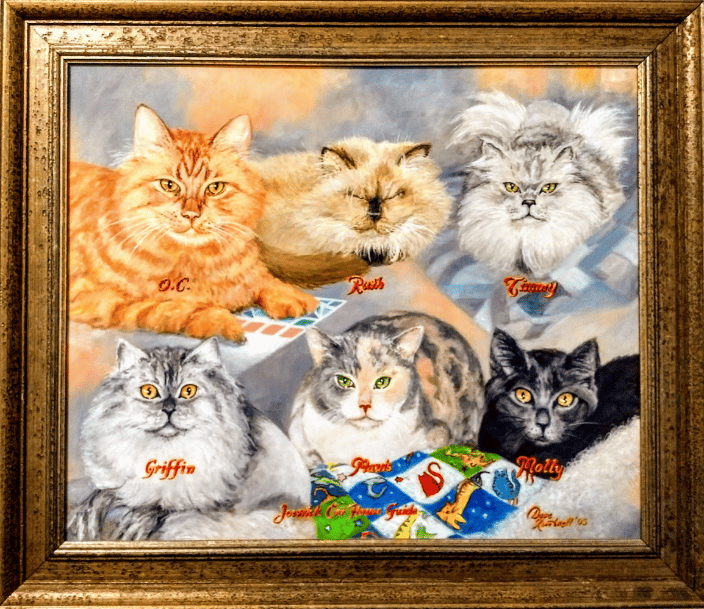 "Joswick Cat House Guide" This client wanted paintings of all her cats in one portrait. So I combined the images hence the clever title name.