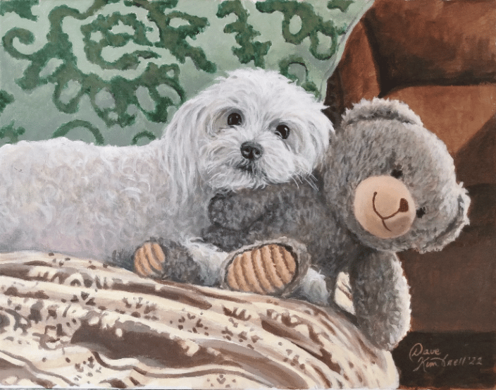 "Toby and his Teddy" This was an accumulation of three different photographs. The original photo of the dog was with his sons head under the dog's head. He wanted the dog with his bestie in the photo... his teddy bear. One of my favorites. 