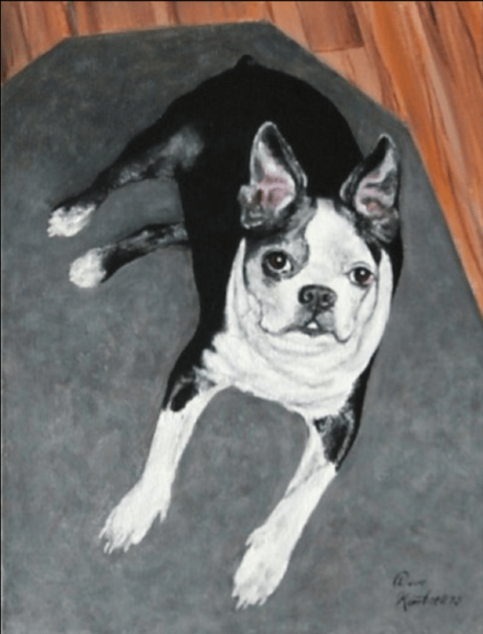 “Tinker" 11 x 14” acrylic on canvas. This was a cute dog and a perfect little setting. I love the floor and the rug. Sometimes the simplest things can add to a painting.