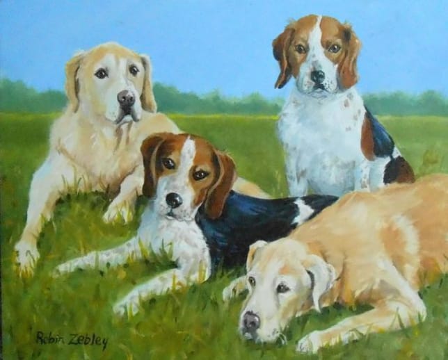 Multiple Dogs Family Portrait Painting by Robin Zebley, Golden Retrievers and Beagles