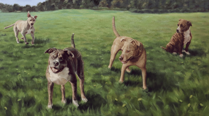 Pit Bulls, 30x60" oil on canvas