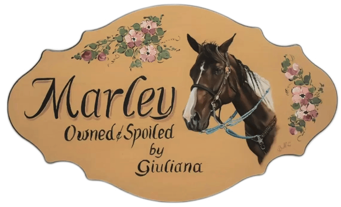Horse stall plaque portrait painting with floral design