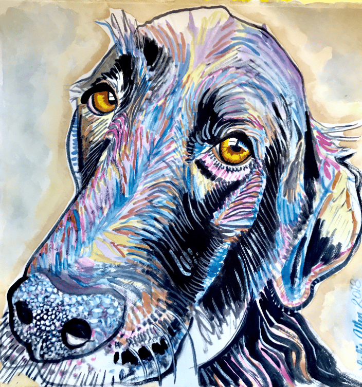 Watercolor portrait of a black Labrador