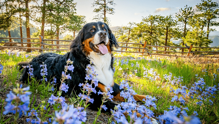 Bernese Mountain Dog in the wildflowers