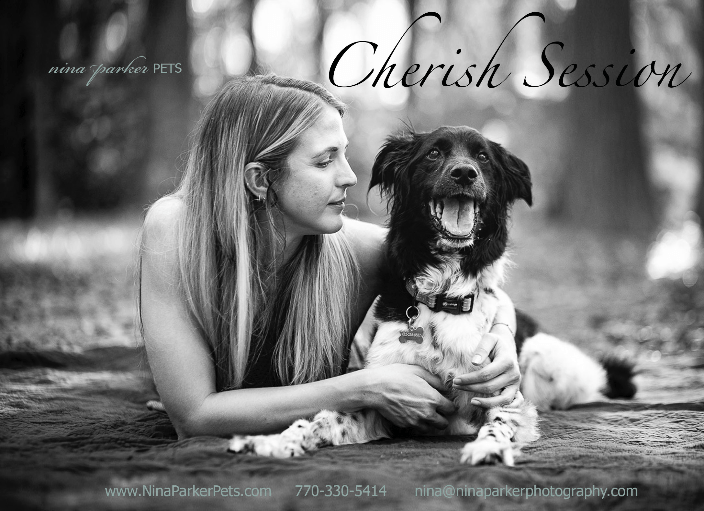 female cuddling elderly dog black and white outside in a park