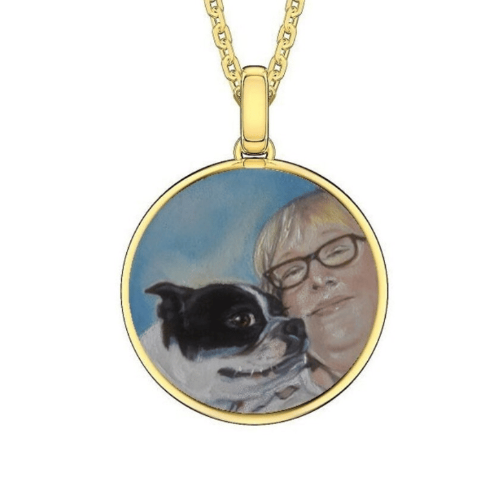 Miniature portrait painting, portrait with dog and owner 