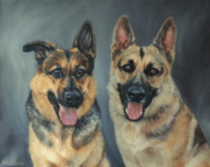 Oil painting of two German Shepherds