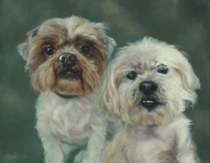 Oil painting of two small, white, mixed breed dogs
