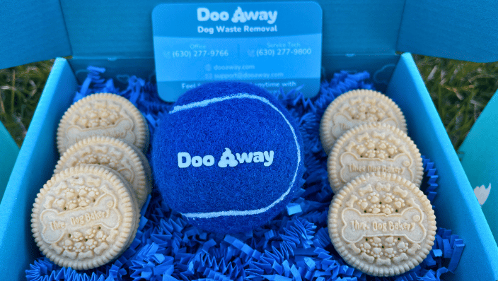 Dog cookies and Doo Away tennis ball in our welcome box