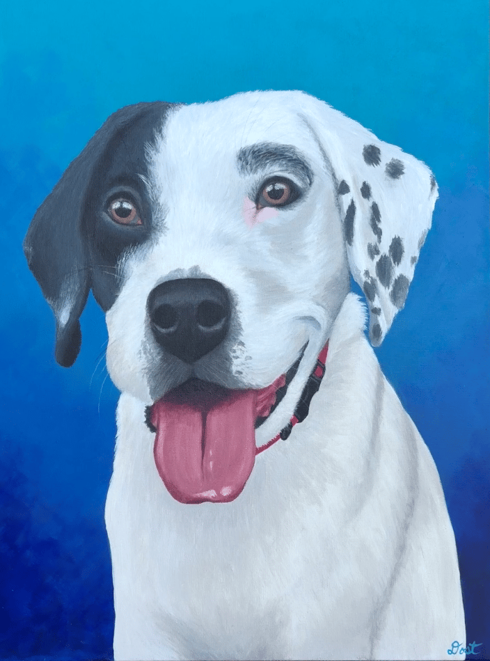An 18"x24" pet portrait painting of a black and white dog with a vibrant blue background.