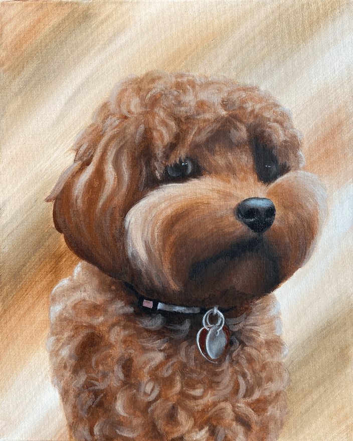 A 16"x20" pet portrait painting of a brown dog with curly fur on a brown, tan and cream abstract background.