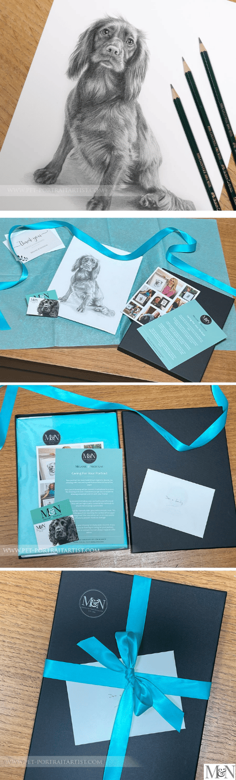 pencil drawing of a spaniel with gift packaging 