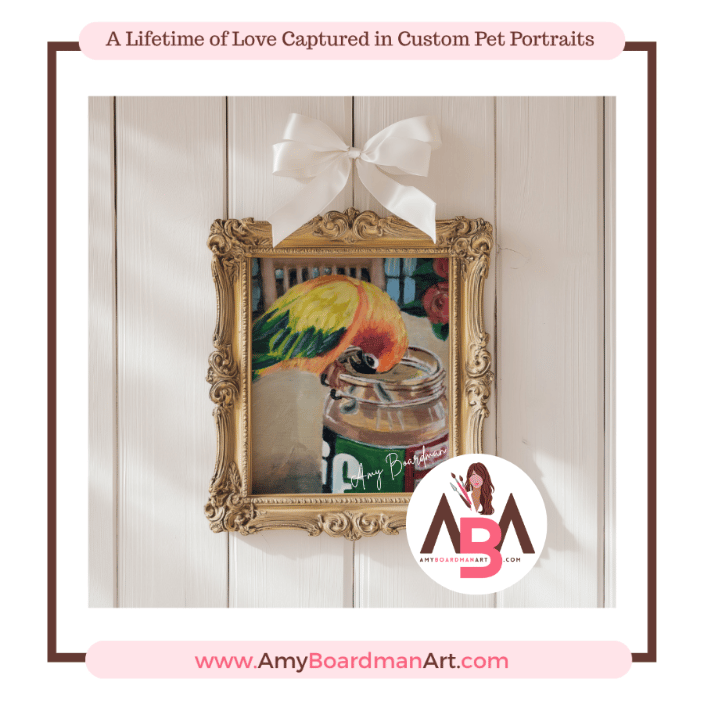 Acrylic pet portriat painting of a Sun Conure eating peanut butter by artist Amy Boardman