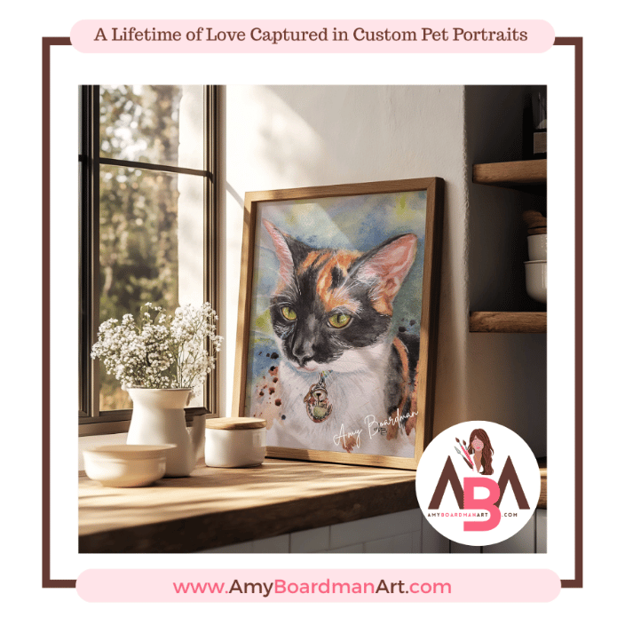 Watercolor pet portriat painting of a calico kitty named Ki Lani by artist Amy Boardman.