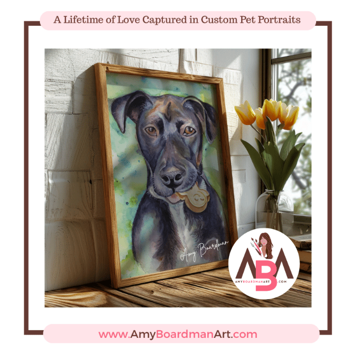 Watercolor pet portriat painting of a black dog with a cookie in his mouth named Boba by artist Amy Boardman.
