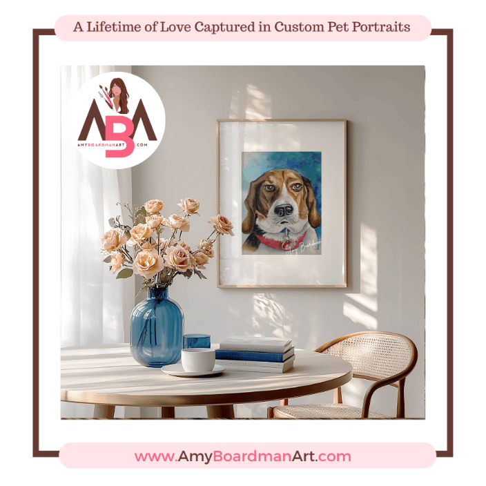 Watercolor pet portriat painting of a a blood hound dog in memory of Buddy by artist Amy Boardman.
