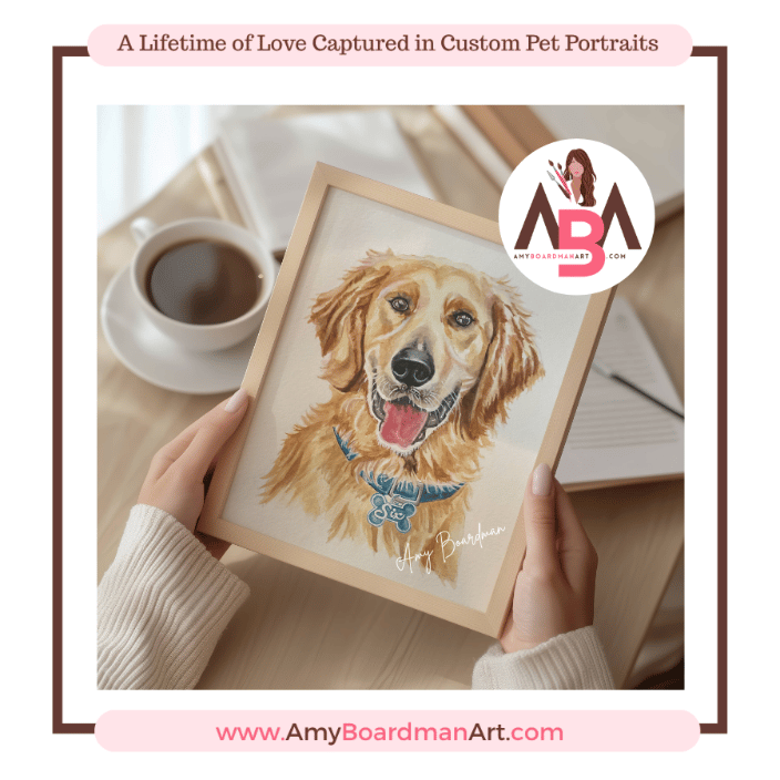 Watercolor pet portriat painting of a Labradore dog named Six by artist Amy Boardman.