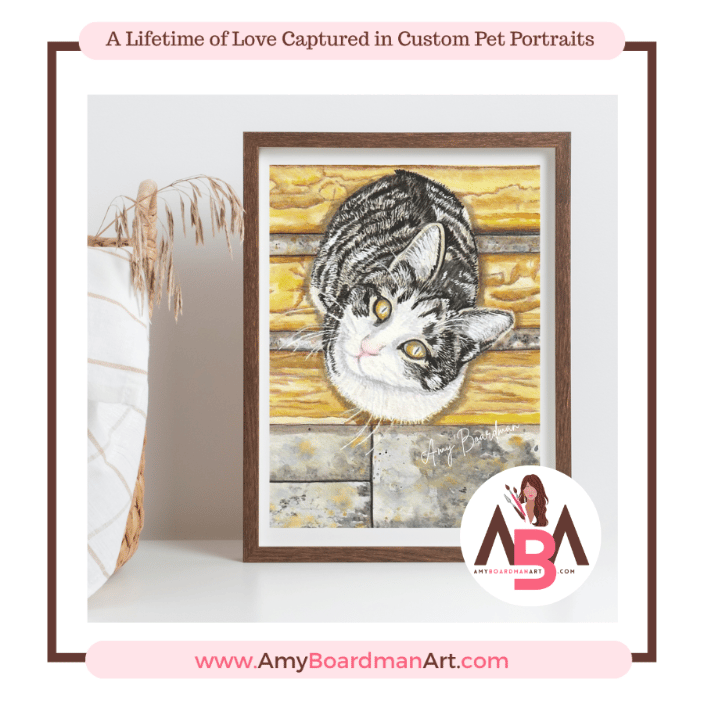 Watercolor pet portriat painting of a tabby cat sitting on a yellow bench by artist Amy Boardman.