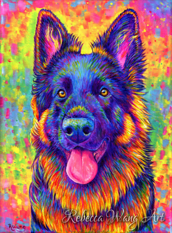 Rainbow painting of a German Shepherd Dog