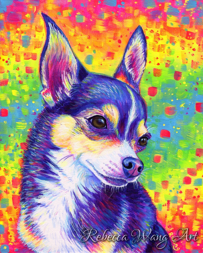 Colorful painting of a tricolor shorthair chihuahua dog