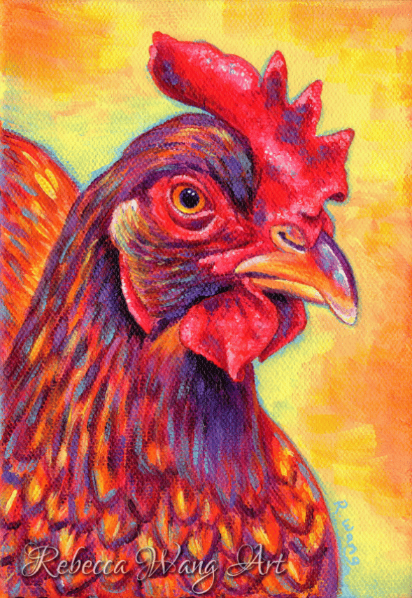 Colorful painting of a Rhode Island Red chicken hen