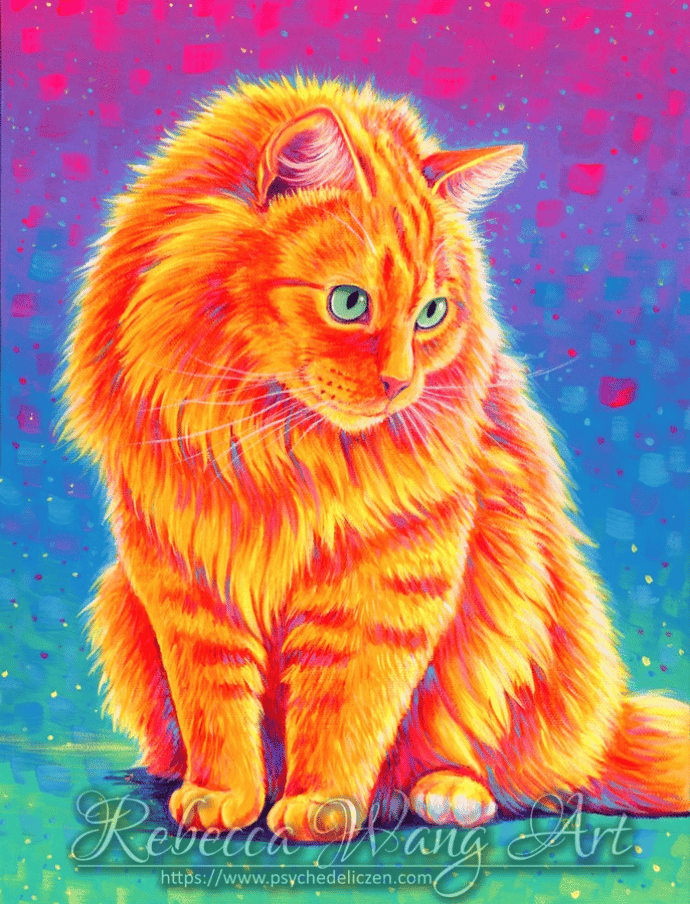 Colorful painting of an Orange Tabby Cat longhaired