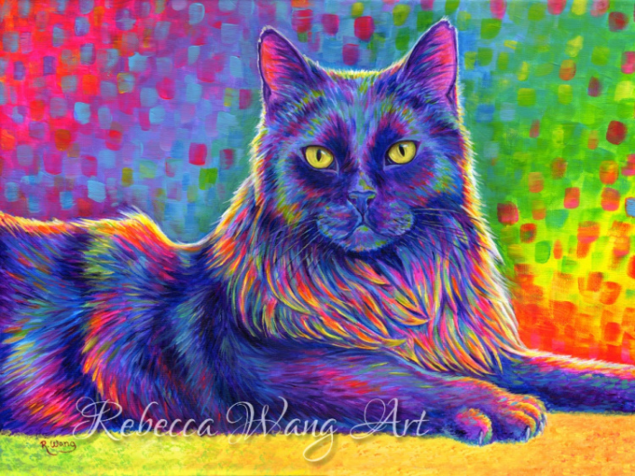 Portrait of a black Maine coon cat in bright rainbow colors.