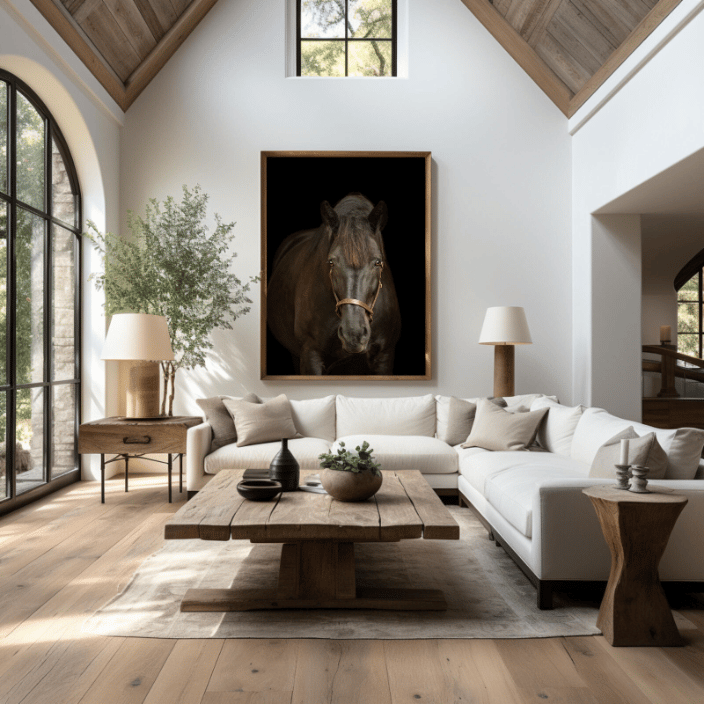 A black Friesian mare on a black background is framed above a neutral sectional in a living room.