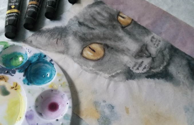 A colorful portrait of a grey domestic shorthair cat with orange eyes, painted in watercolor.