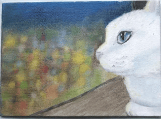 A white cat sitting by a window overlooking the city lights at night. Oil on canvas.