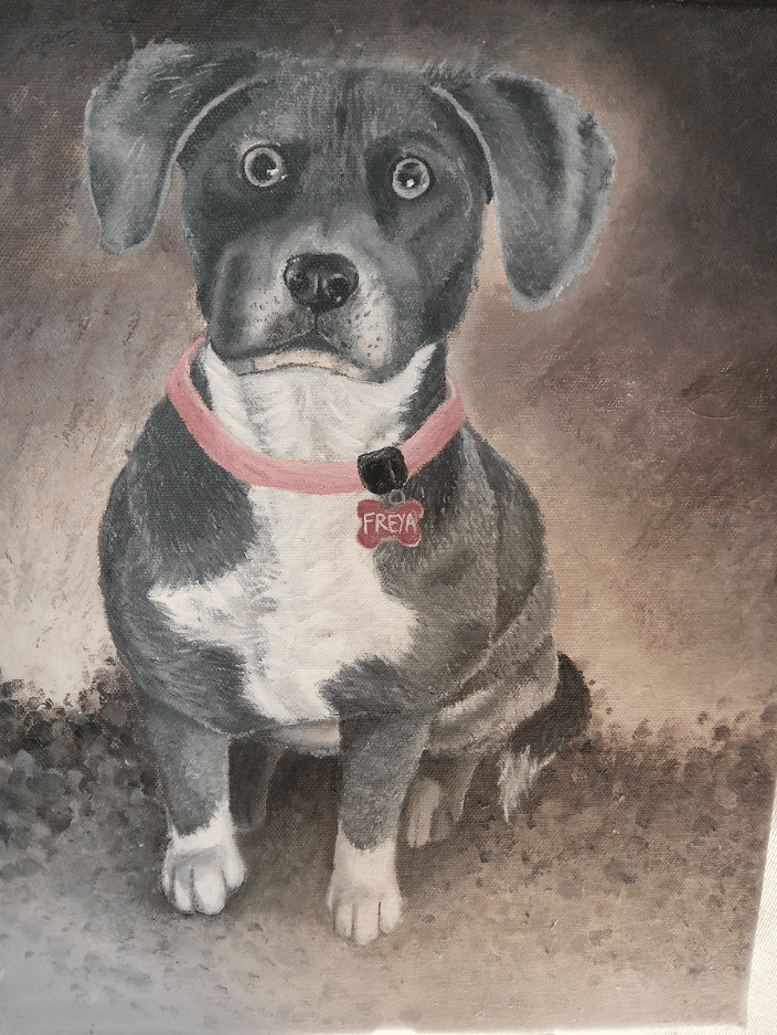 A portrait of Freya, as mized-breed dog painted in acyrlic.