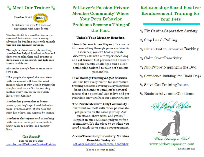 Pet Lover's Passion front of brochure ©2011-2026