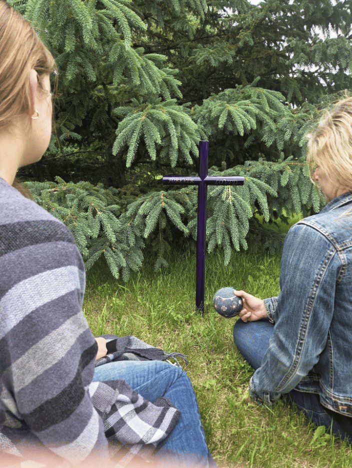EC Purple Amethyst memorial engraved "Forever Loved"  two individuals visiting the loss of the fur baby.