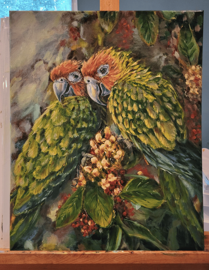 Parakeets, in Oil